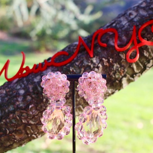 New Clear Crystal Acrylic Dangle Drop Earrings Pink Big Dangle Fresh Spring - Picture 3 of 13